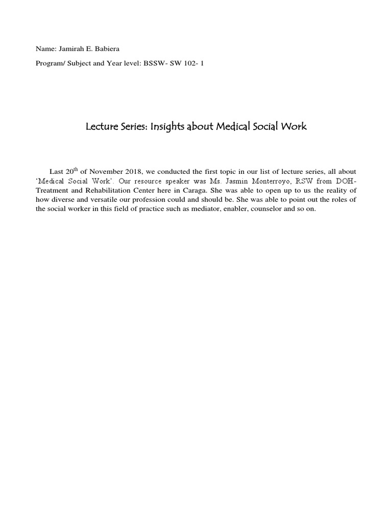 Lecture Series Insights About Medical Social Work PDF