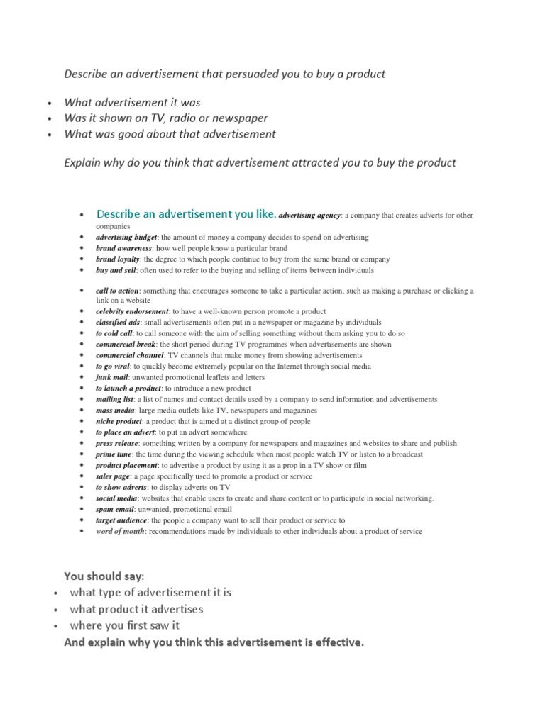 Describe An Advertisement You Like.: What Type of Advertisement It Is What  Product It Advertises Where You First Saw It | PDF | Advertising | Mass  Media