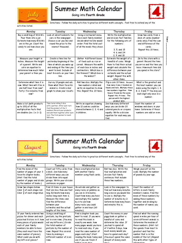 Summer Math Calendar Monday Tuesday Wednesday Thursday Friday PDF