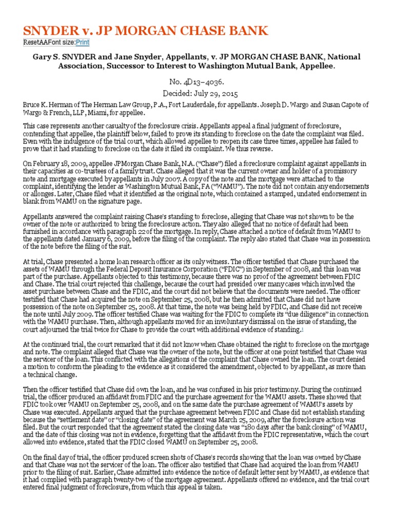 Snyder V. JP Morgan Chase Bank | PDF | Washington Mutual | Foreclosure