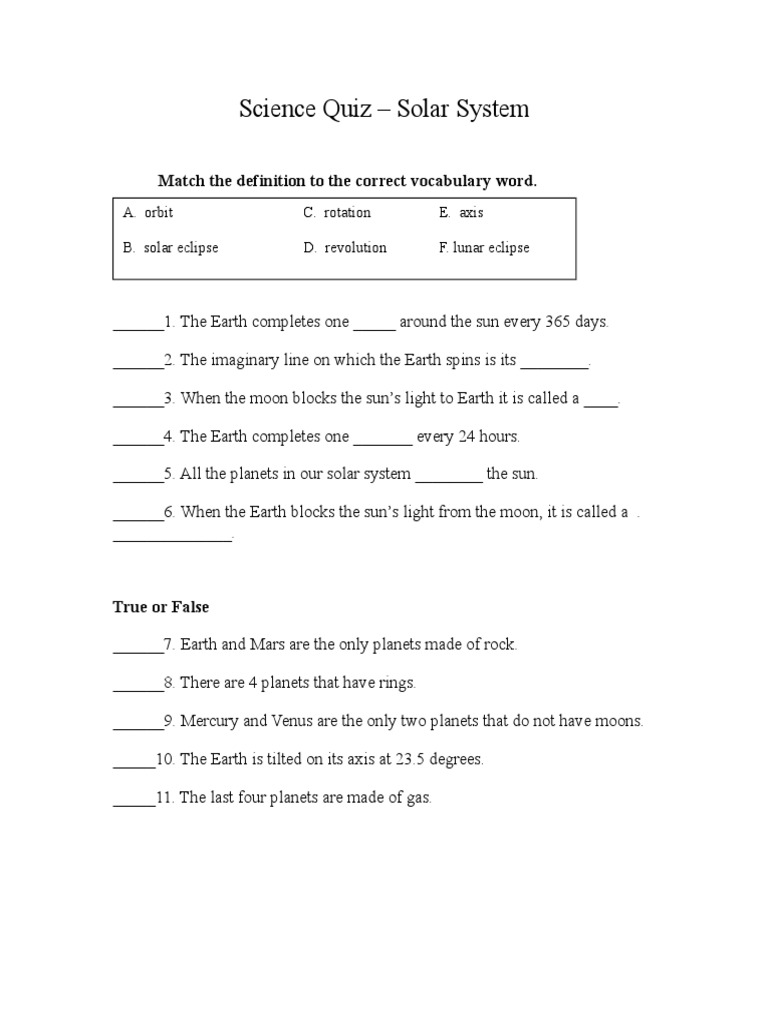 Science Quiz - Solar System: Match The Definition To The Correct ...