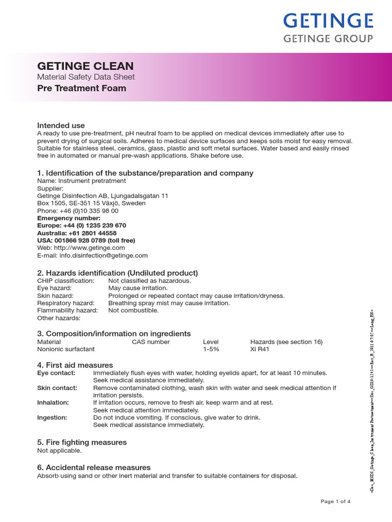 Msds Pre Treatment Foam En Personal Protective Equipment Chemistry