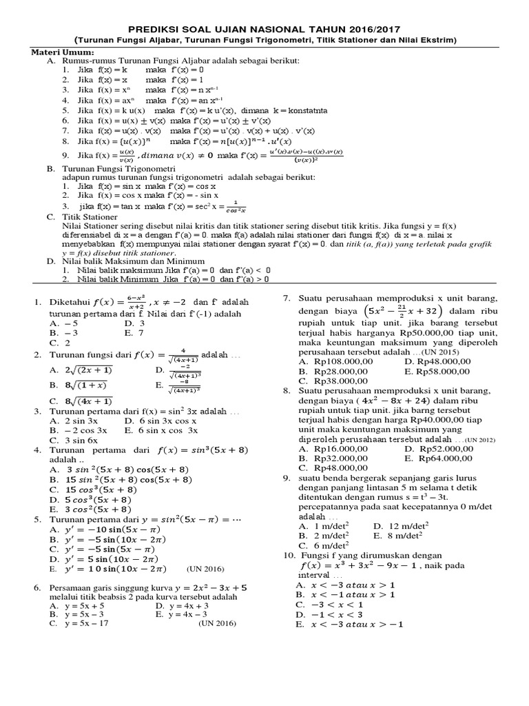 Soal Un Turunan Fungsi Trigonometri