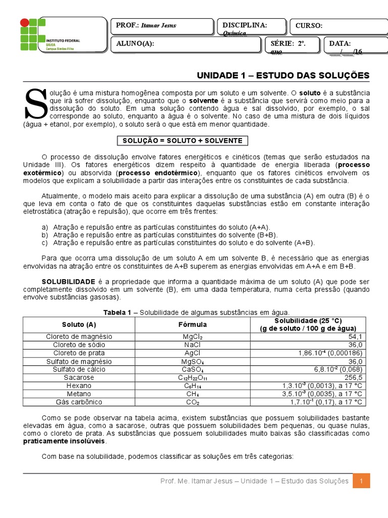 Apostila - Soluções - 2 Ano | PDF | Solução | Solubilidade