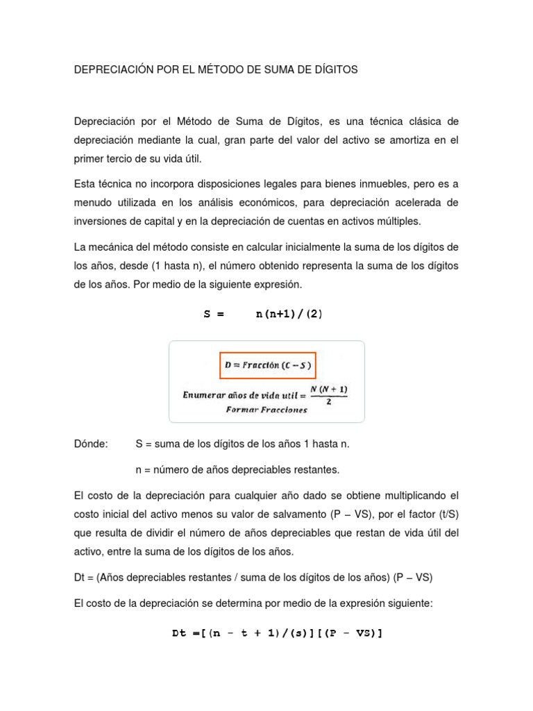 Depreciación Por El Método de Suma de Dígitos