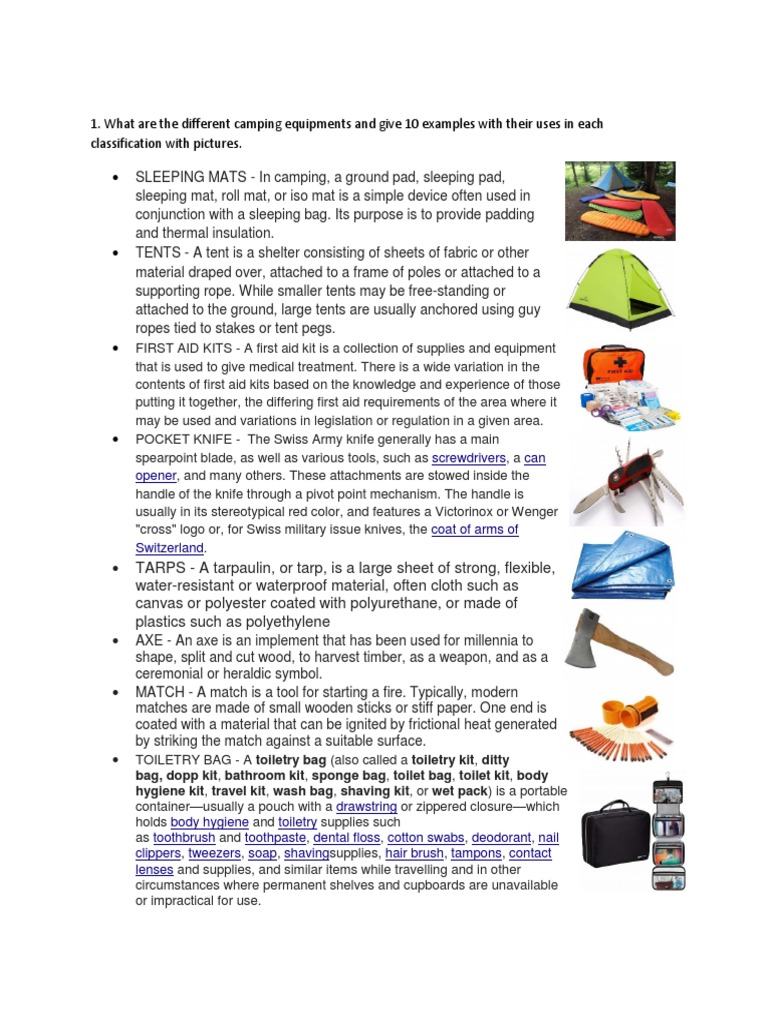 What Are The Different Camping Equipments and Give 10 Examples With