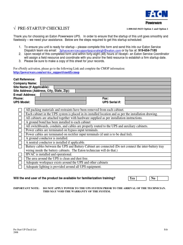 Eaton UPS Pre-Startup Checklist | PDF | Telecommunications | Electrical ...