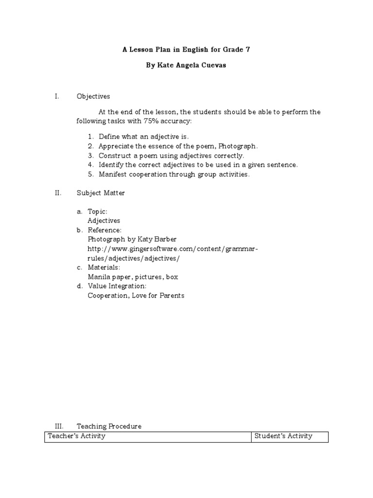 A Lesson Plan in English For Grade 7 by Kate Angela Cuevas | PDF ...