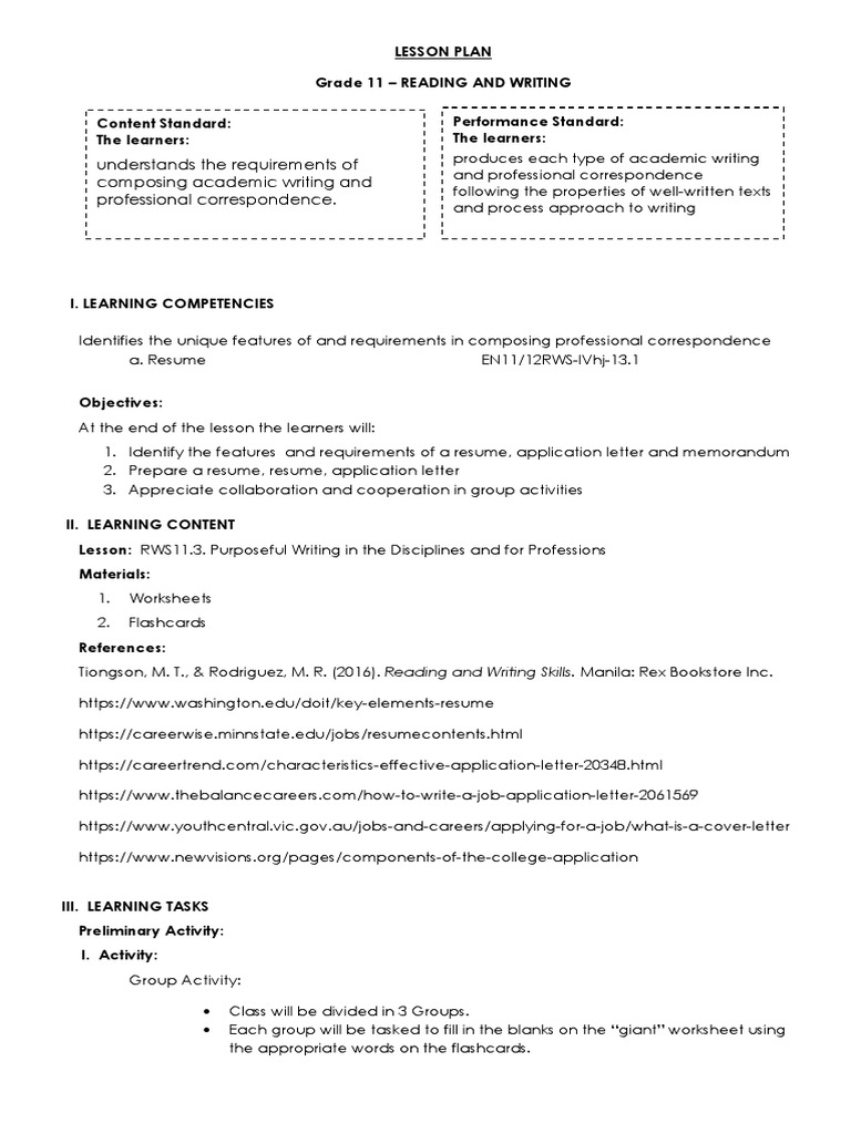 Lesson Plan Reading and Writing Skills | PDF | Résumé | Lesson Plan