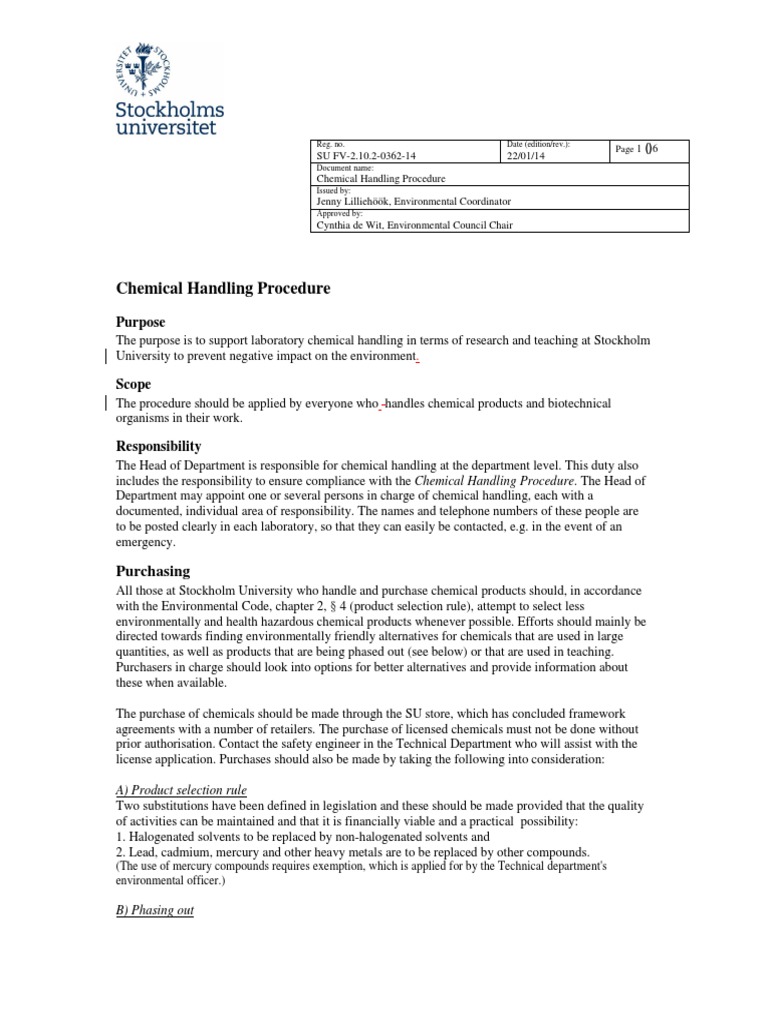 01 Chemical Handling Procedure PDF | Laboratories | Dangerous Goods
