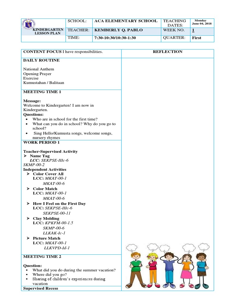 Kindergarten Week 1 Lesson Plan | PDF | Differentiated Instruction ...