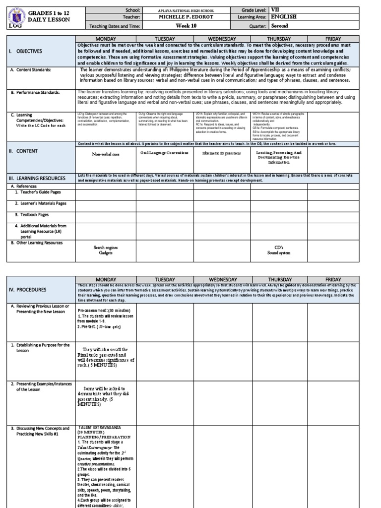 Grade 7 English Weekly Lesson Plan | PDF | Educational Assessment ...
