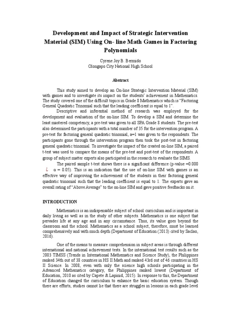 Development and Impact of Strategic Intervention Material in