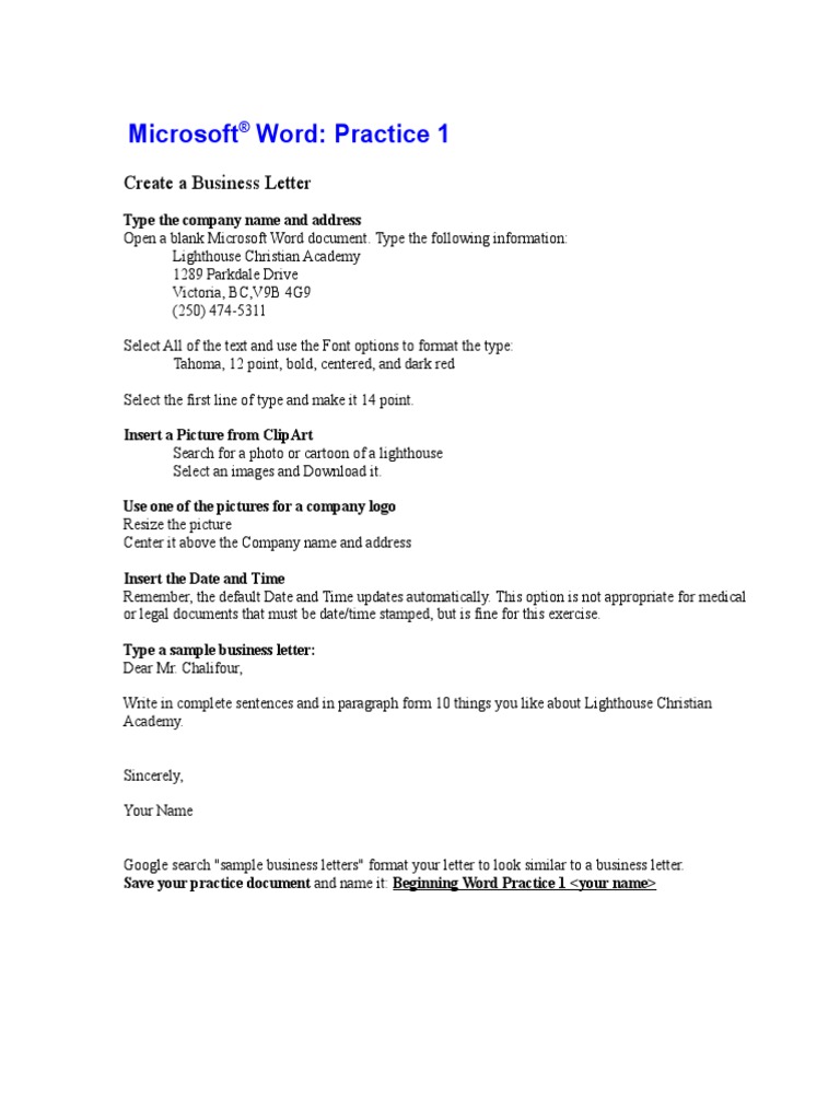Microsoft Word: Practice 1: Create A Business Letter | Download Free ...