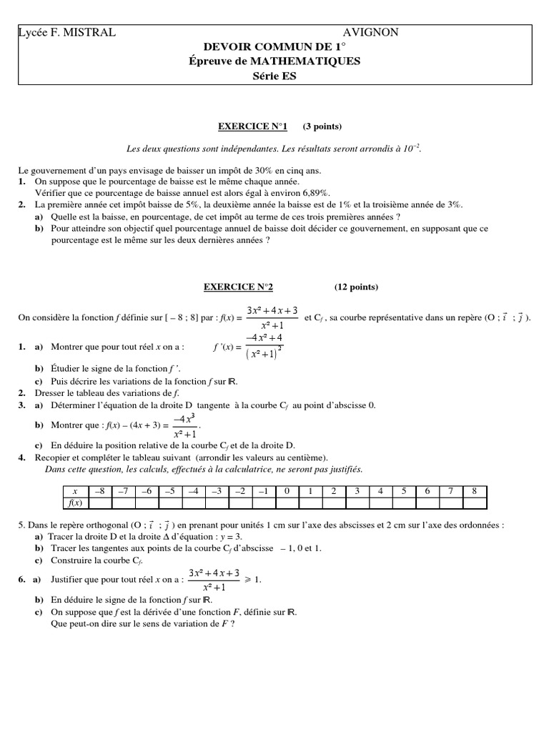 Devoir Commun 4ème Maths Avec Correction 2021 Devoir Commun 1ere S Maths 7 Sans Correction | PDF | Courbe | Tangente  (géométrie)
