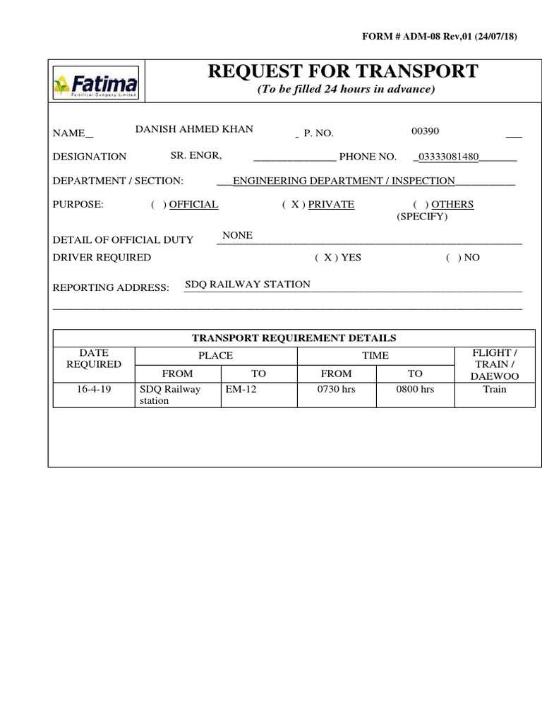 Transport Request Form ADM-08 | PDF