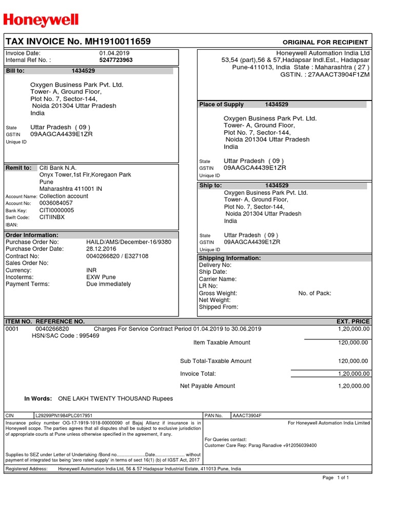 Honeywell Invoice MH1910011659 | PDF | Invoice | Payments