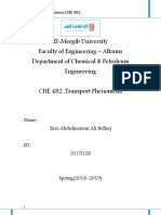 El-Mergib University Faculty of Engineering - Alkums Department of Chemical & Petroleum Engineering CHE 482, Transport Phenomena