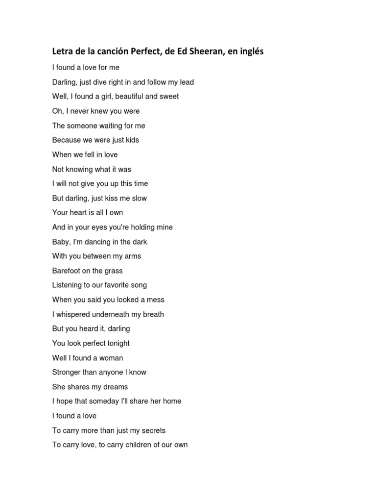 Letra de La Canción Perfect, de Ed Sheeran, en Inglés | PDF