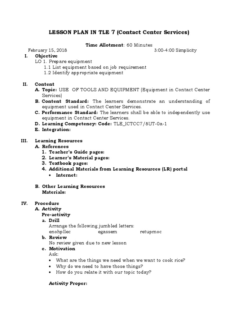 Lesson 1 Use of Tools and Equipment PDF Lesson Plan Learning