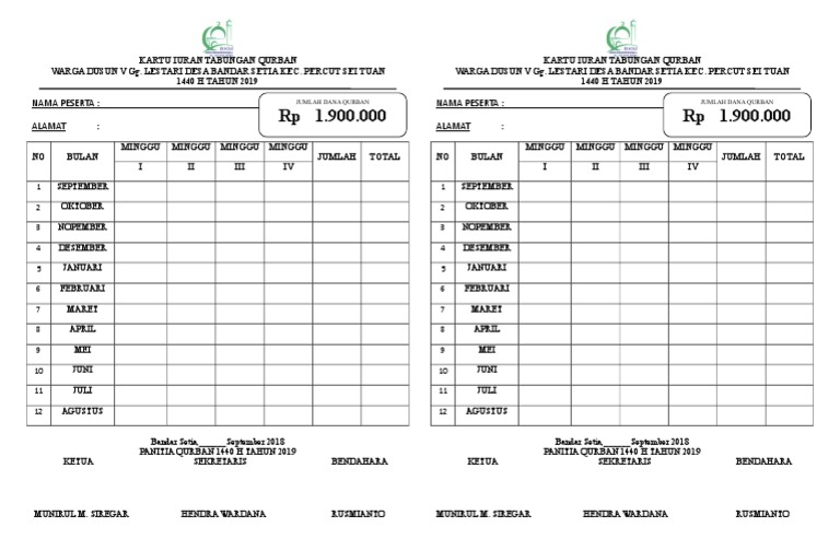 Kartu Iuran Tabungan Qurban 1439 H