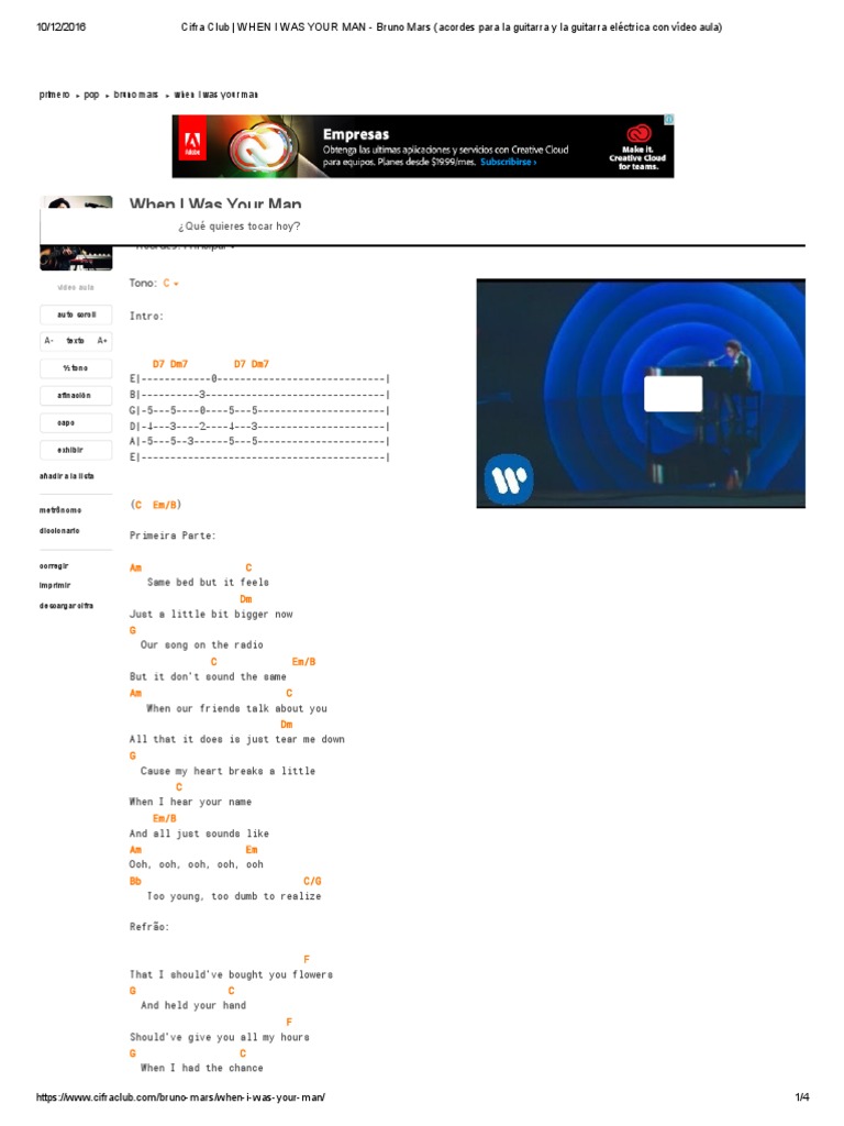 Cifra Club WHEN I WAS YOUR MAN Bruno Mars (Acordes para La Guitarra y La Guitarra Eléctrica