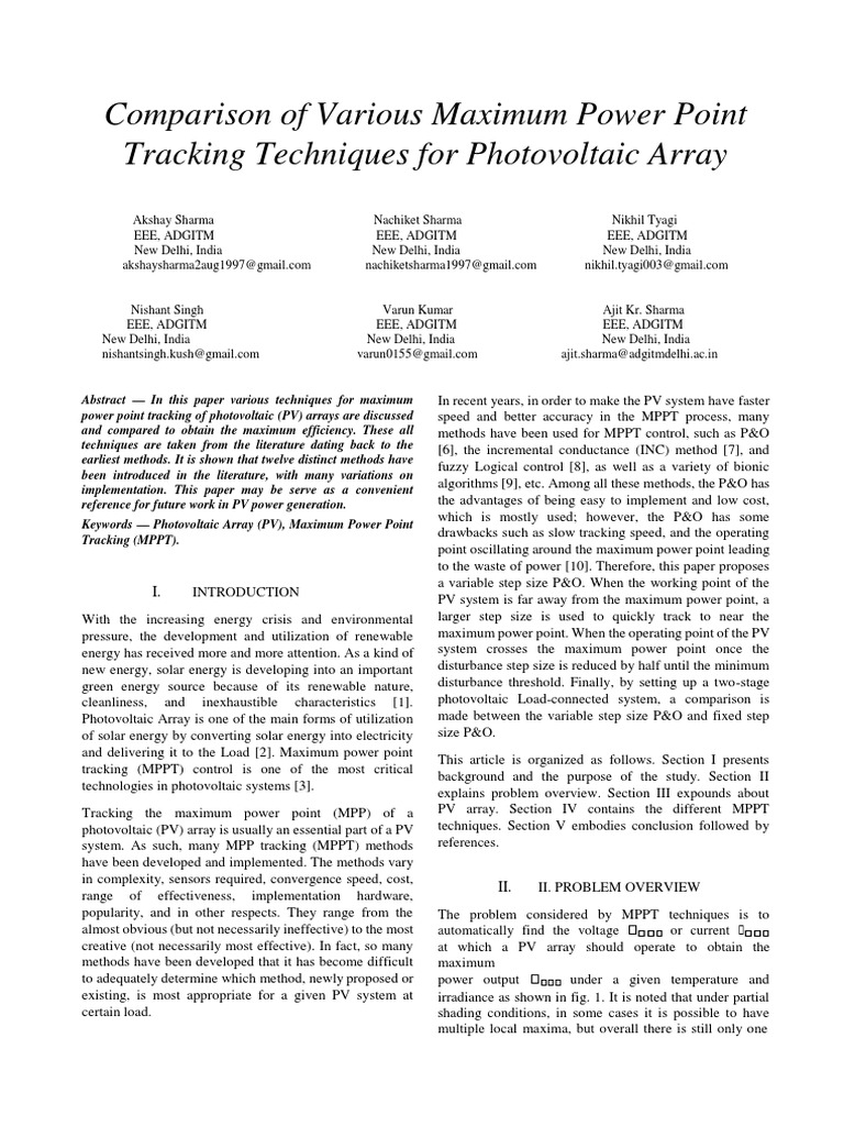 Comparison of Various Maximum Power Point Tracking Techniques For ...