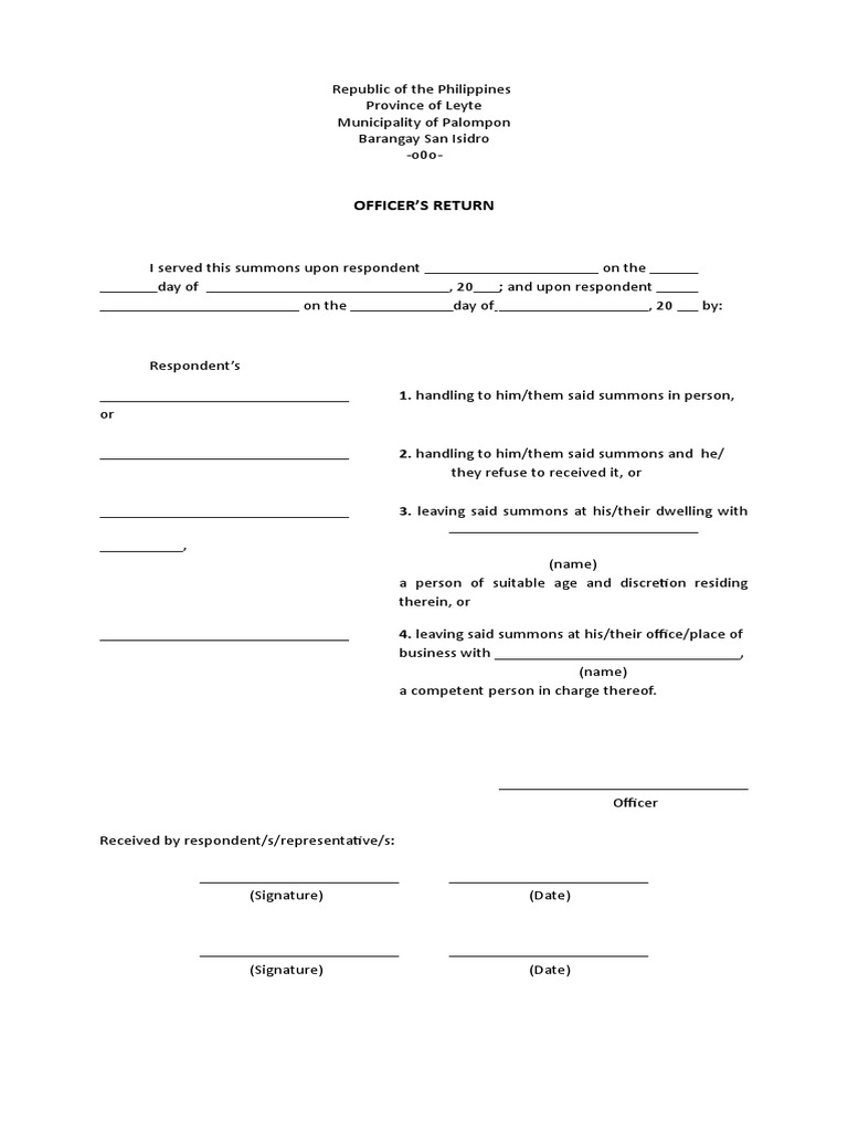 Officer'S Return: 1. Handling To Him/them Said Summons in Person ...