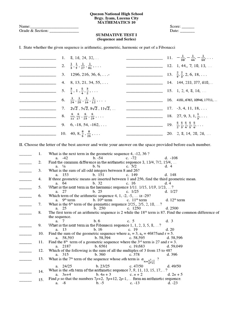 Summative Test - 1st Quarter - Sequence Grade 10 | Download Free PDF ...