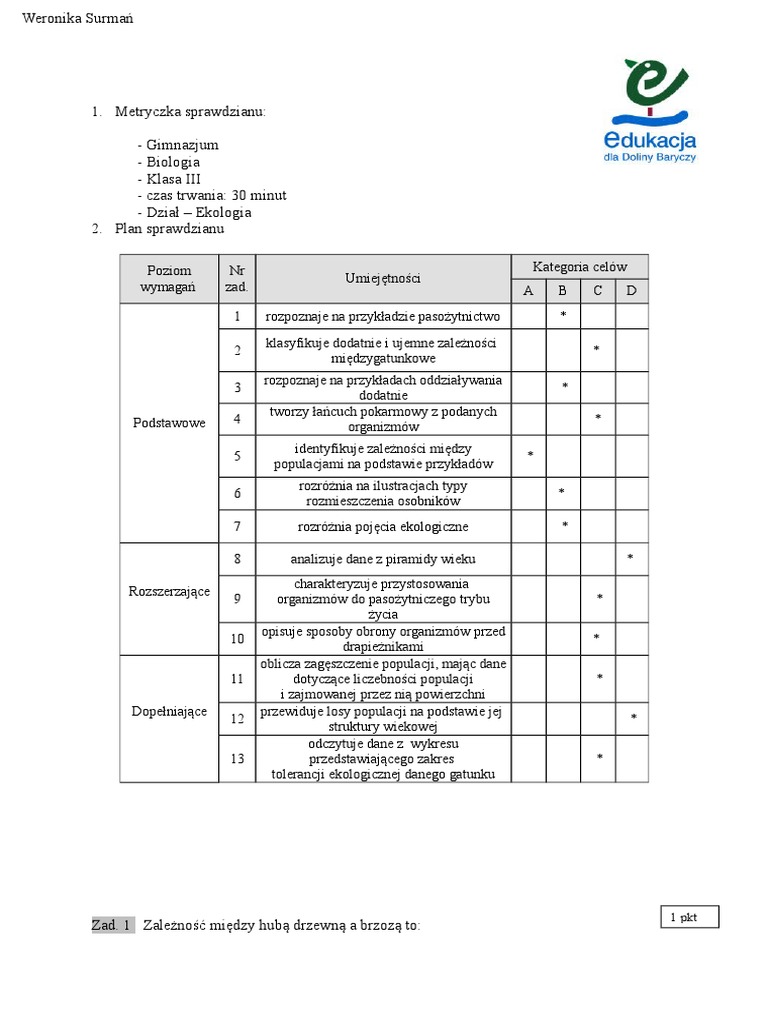 Ekologia Sprawdzian Klasa 8 Nowa Era