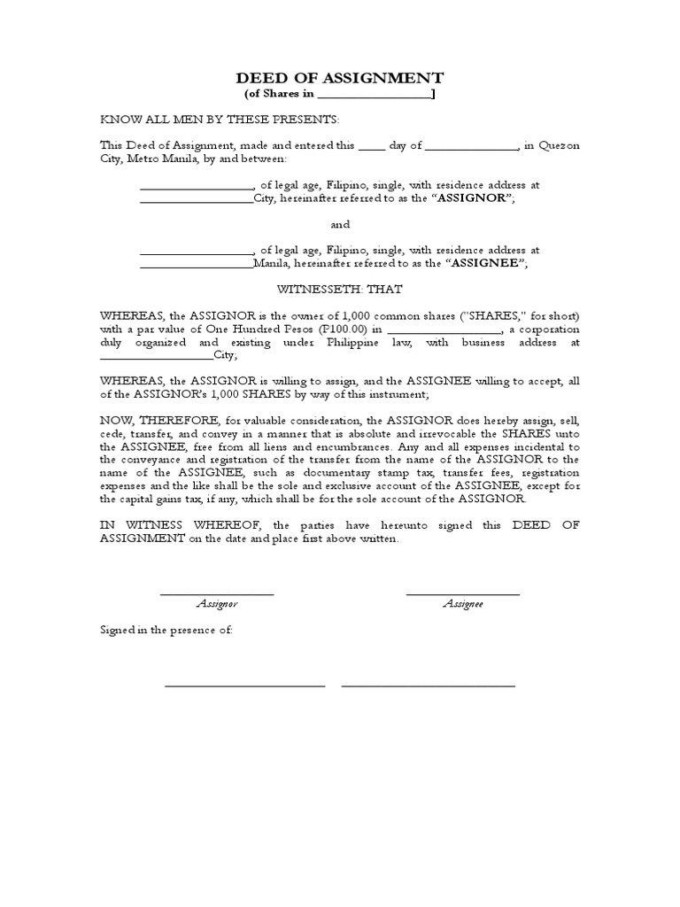 format of deed of assignment