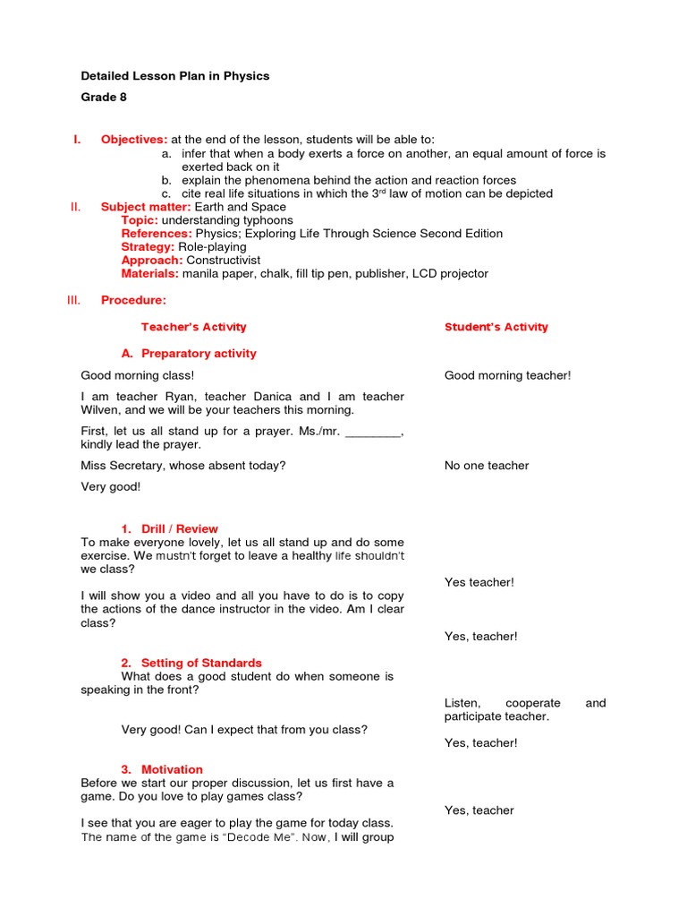 Detailed Lesson Plan In Physics Grade 8 Pdf Force Cognition