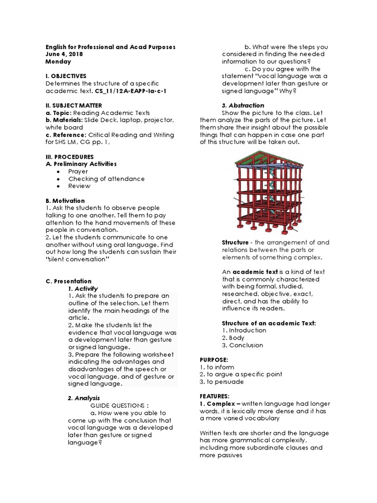 EAPP LESSON PLAN CS - 11/12A-EAPP-Ia-c-1 | PDF | Gesture | Sign Language