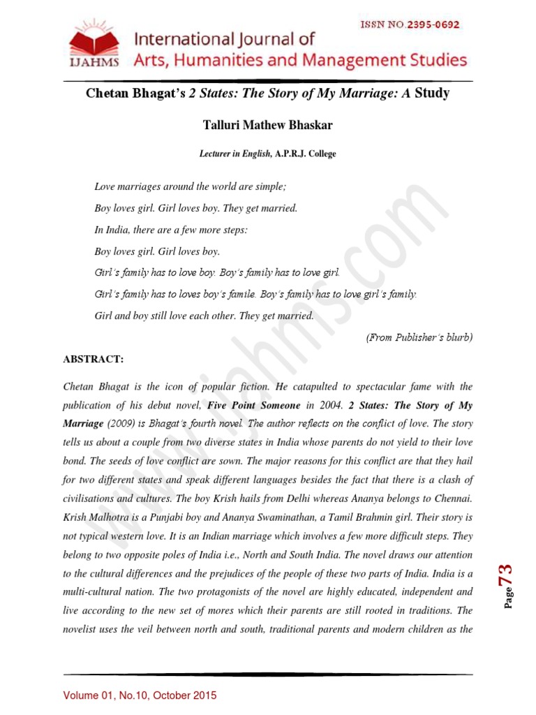A Study of Chetan Bhagat's Novel '2 States: The Story of My Marriage 