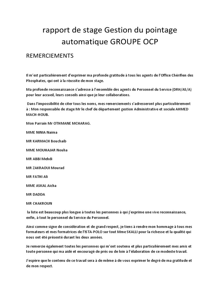 Rapport Stage Ocp Pdf Gestion Des Ressources Humaines