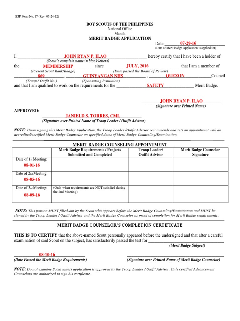 BSP Merit Badge Application Form | PDF | Youth Movements | Scouting