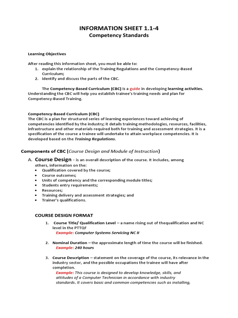 Information Sheet 1 1 4 Competency Based Curriculum Educational Assessment Competence Human Resources