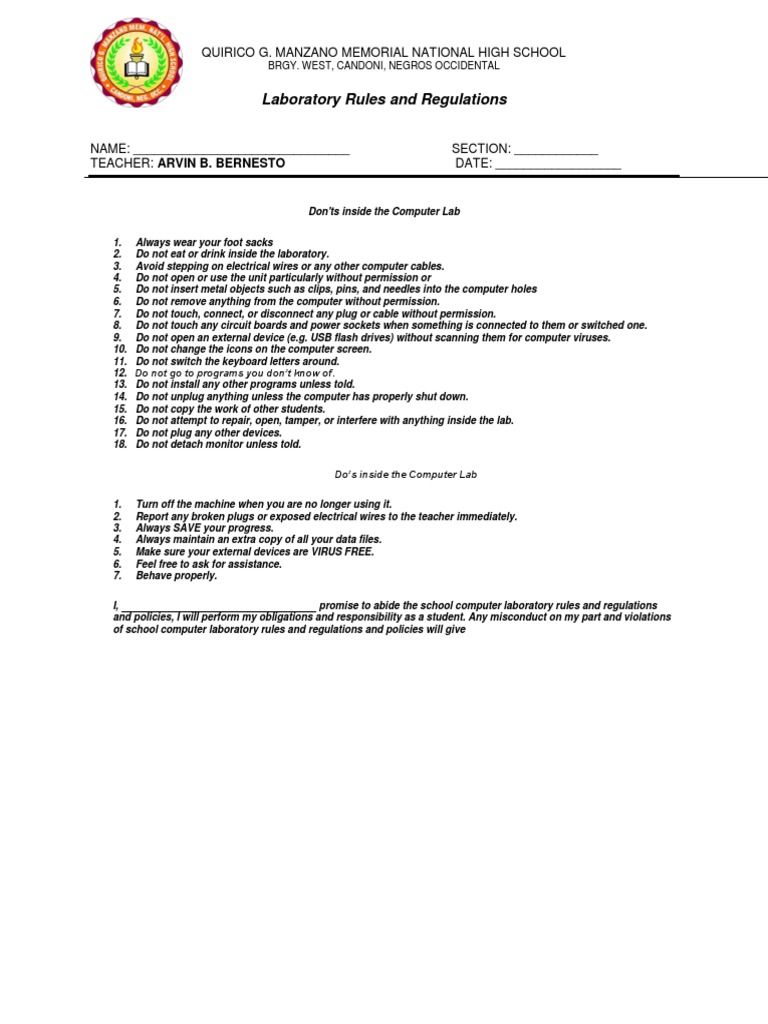 Computer Lab Rules and Regulations PDF Electrical Connector