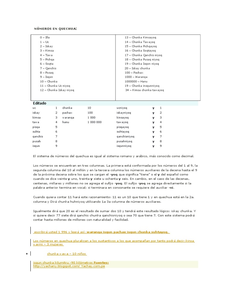 Numeros Quechua | PDF | Idiomas | Artes del lenguaje y disciplina