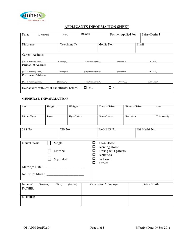 Applicant Information Sheet | PDF | Marriage | Employment