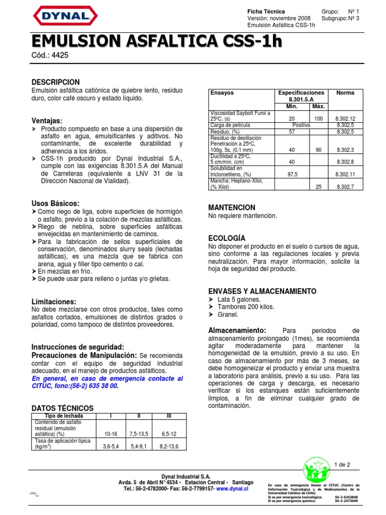 Ficha Técnica Emulsión Asfáltica CSS-1h | PDF | Sustancias químicas ...