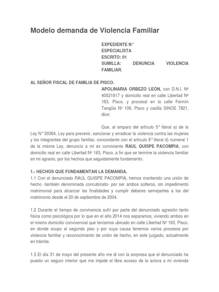 Modelo Demanda de Violencia Familiar | Violencia doméstica | Violencia