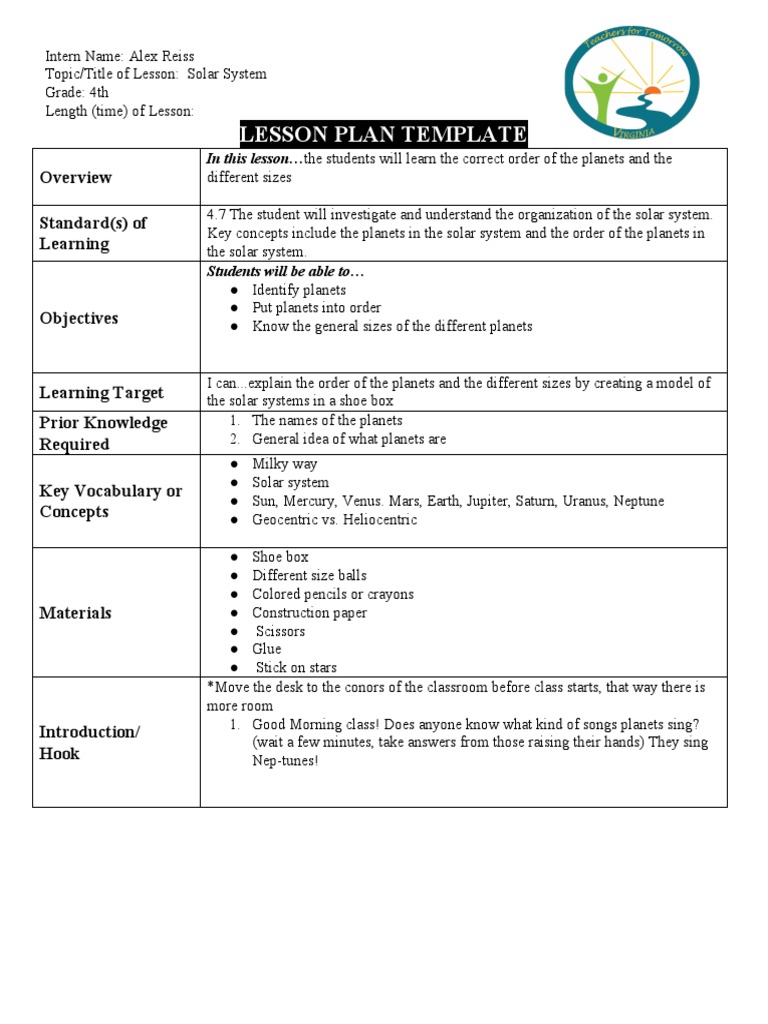 Solar System Lesson Plan Practice Solar System The Planets