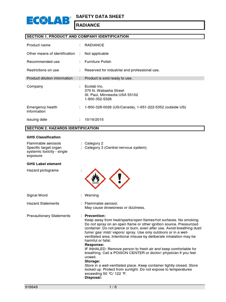 Ecolab Radiance.pdf Toxicity Personal Protective Equipment