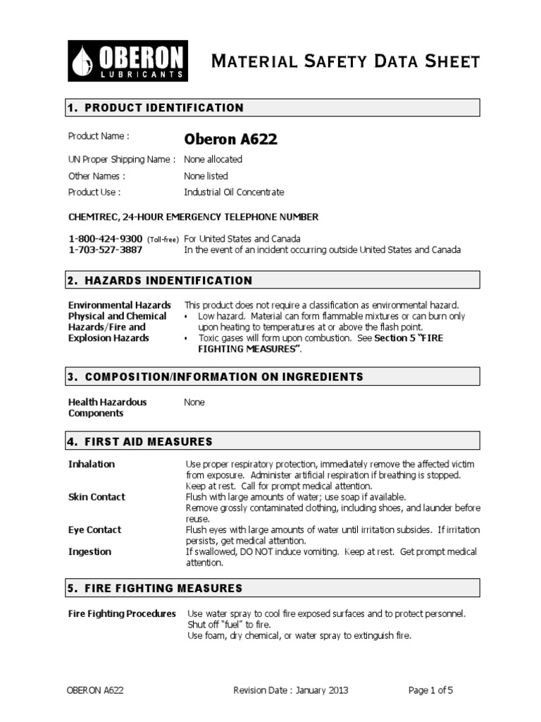 Oberon A622 1. Product Identification PDF Fires Firefighting