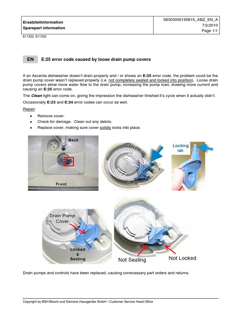 Bosch Ascenta Dishwasher E25 E24 Error Code Service Bulletin 1.0.0 PUB