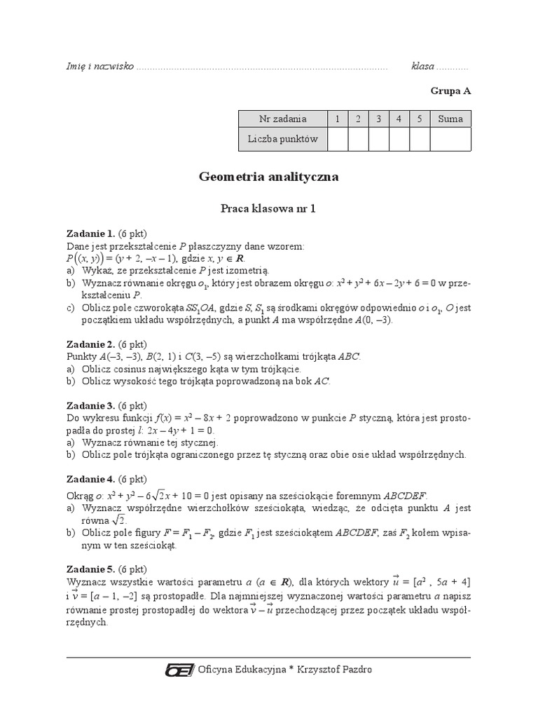 Geometria Analityczna Praca Klasowa 1 GR A Wersja PDF | PDF
