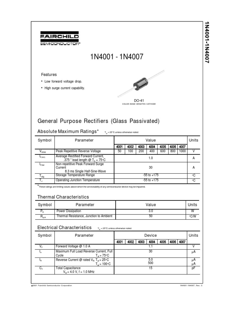 1N4001-1N4007 Diode Datasheet | PDF | Rectifier | Electrical Equipment