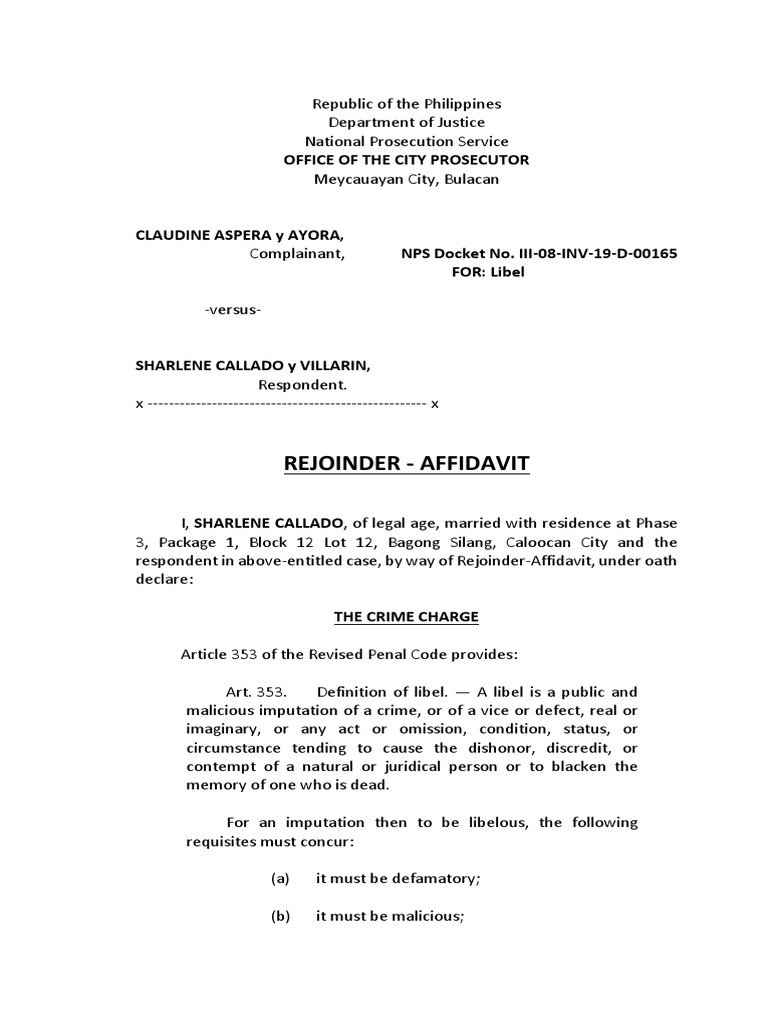 Libel Case Rejoinder Affidavit Example | PDF | Defamation | Criminal Law