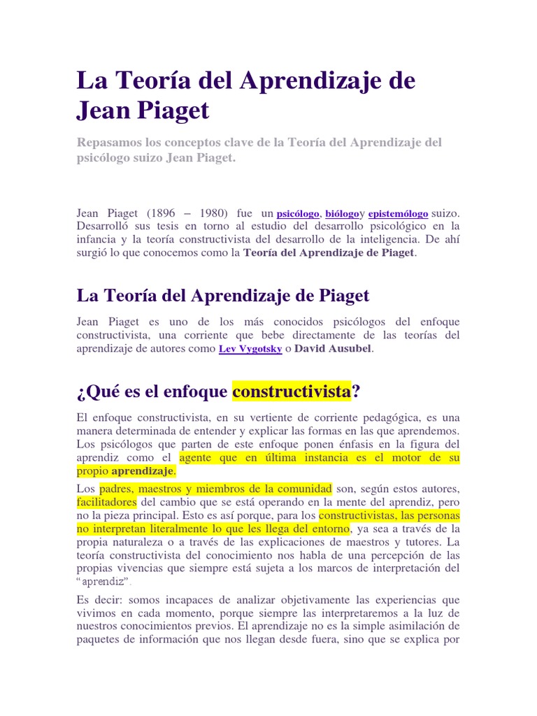 La Teoría Del Aprendizaje de Jean Piaget | PDF | Desarrollo cognitivo ...